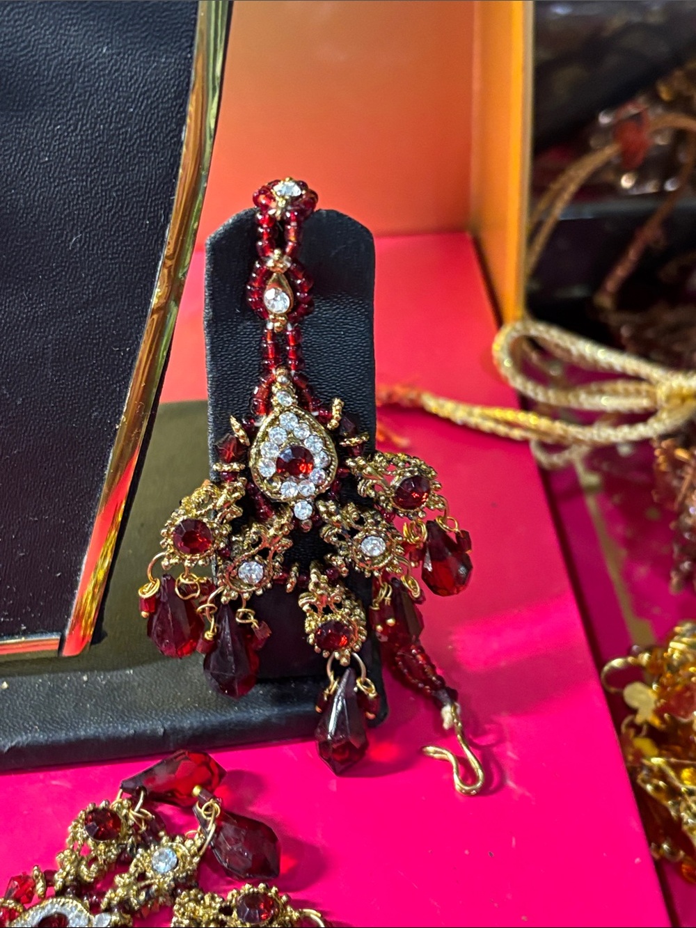 Gold and Ruby Red Statement Necklace Set - Women Jewelry - Picture 2 of 4